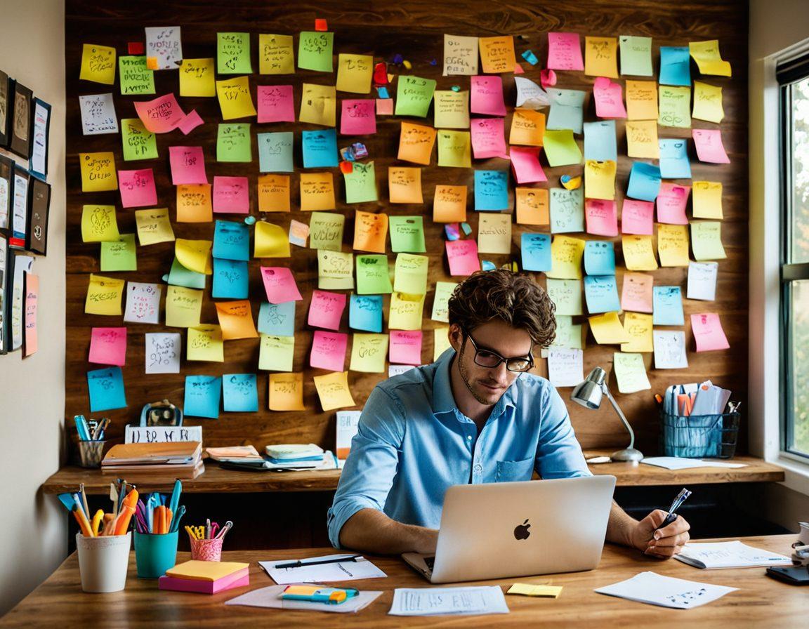 A captivating workspace scene showcasing a writer at a desk, surrounded by vibrant sticky notes filled with ideas, a laptop displaying engaging content, and an inspirational quote on the wall. Include a warm light illuminating the scene, creating a cozy yet productive atmosphere. super-realistic. vibrant colors. soft focus.