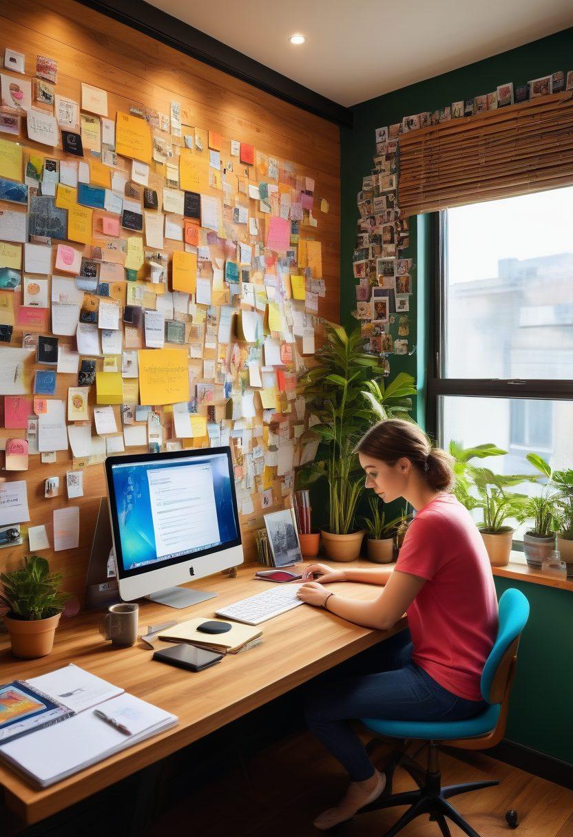 A dynamic workspace showcasing a creative blogger at a desk, surrounded by colorful notes, a laptop, and a growing social media presence illustrated by icons floating above. The room is filled with inspiring quotes on the walls, plants for a fresh look, and a window letting in warm sunlight. Emphasize a sense of transformation from hobbyist to expert, with vibrant colors and energetic elements throughout. super-realistic. vibrant colors. warm lighting.